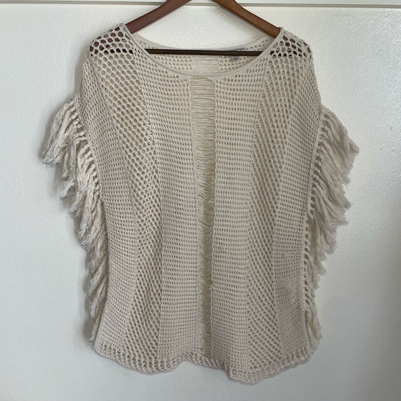 Lucky Brand L Cream Open Knit Fringe Boho Sleeveless Sweater - Picture 2 of 9